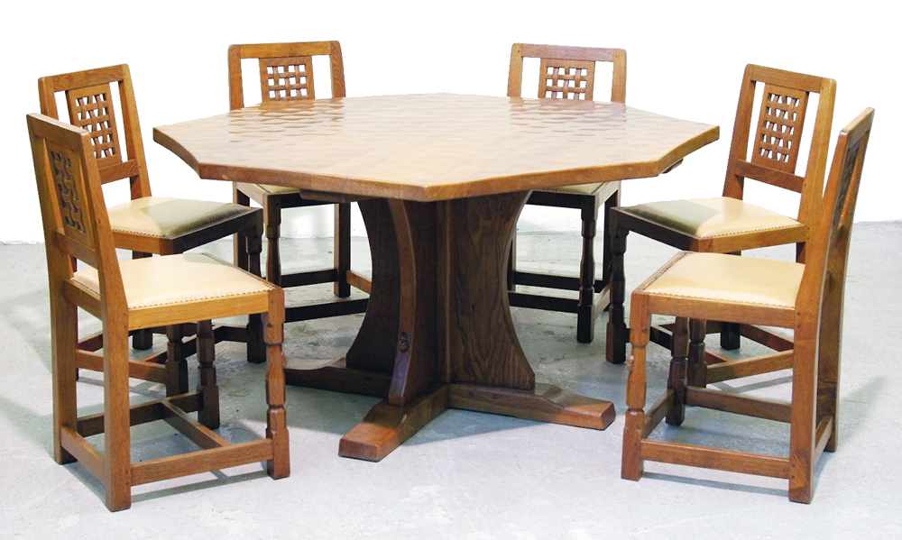 Mouseman pedestal table with six lattice back chairs